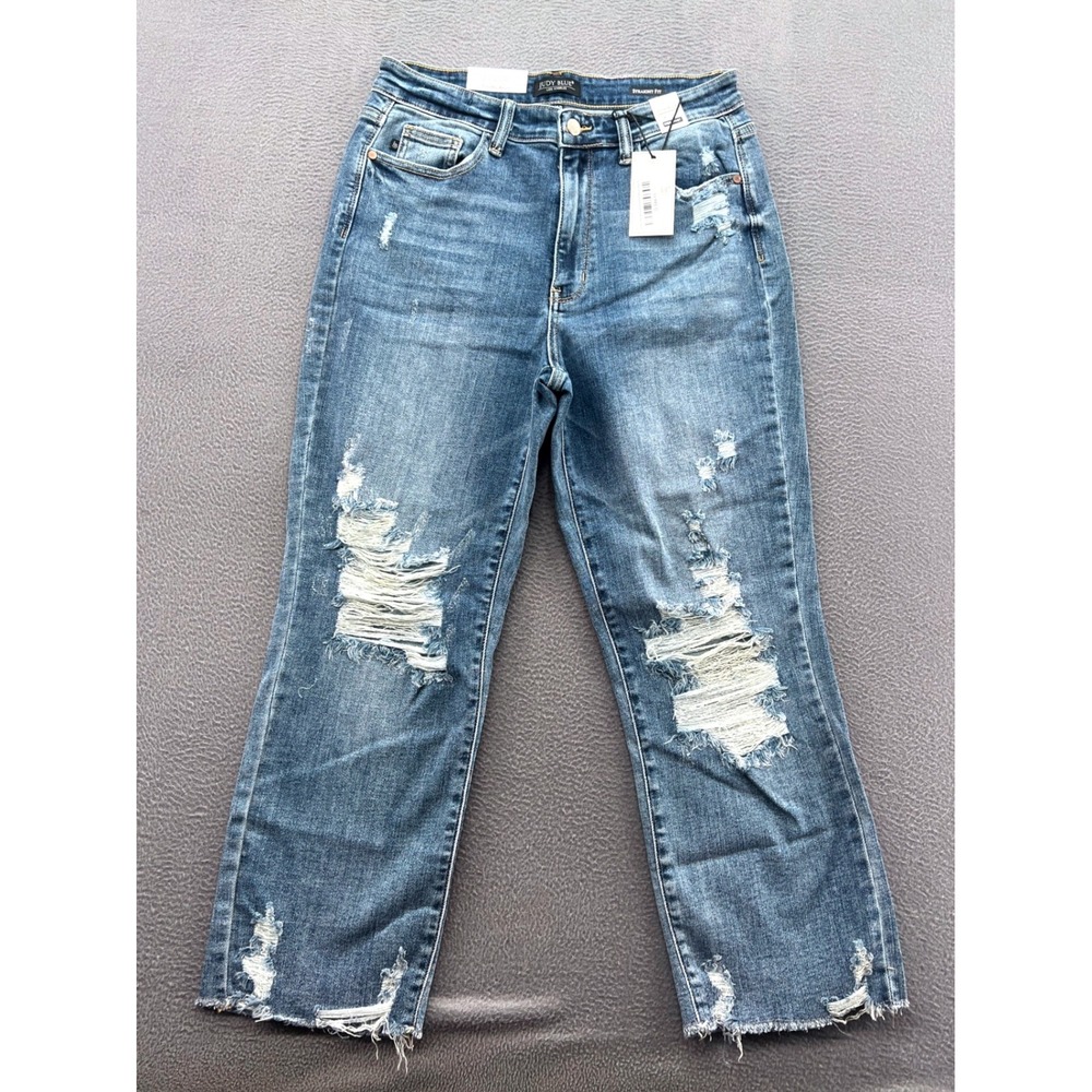 Judy Blue Jeans Womens 11/30 High Rise Distressed Straight Cropped Raw Hem NWT